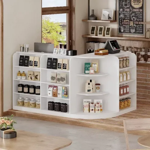 FAMAPY L-Shaped Reception Desk with 3 Drawers & Open Shelves